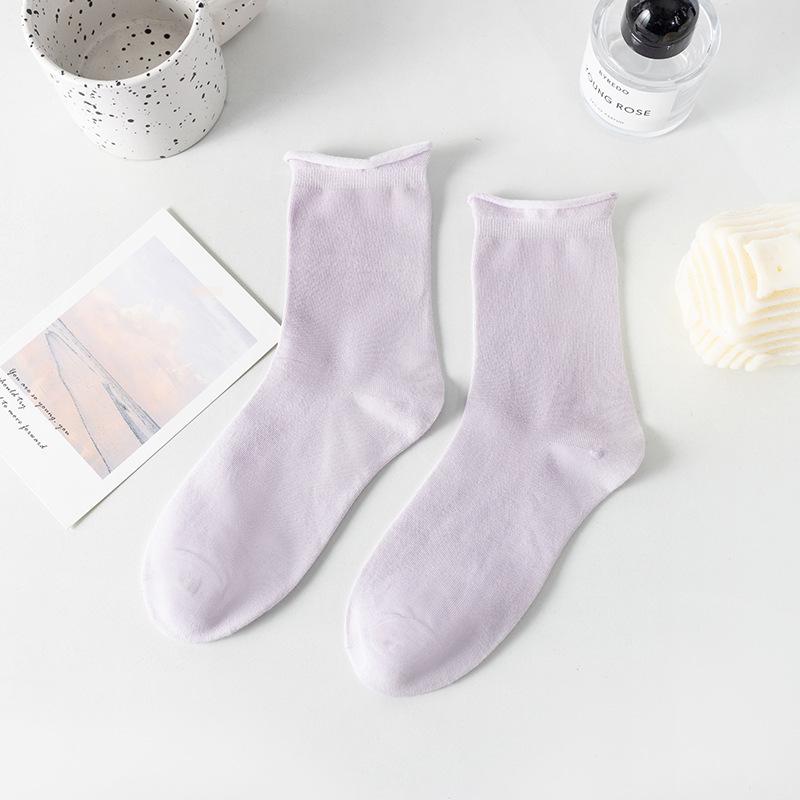Loose Rolled-up Socks for Women In Summer, Thin and Breathable Mid-calf Socks, Solid-colored Cotton Pile Socks