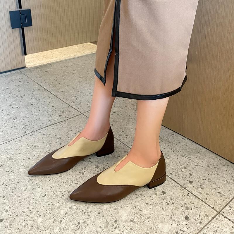 2024 Summer New Women Low Heel Pointed Toe Basic Casual Working Comfortable Flats Soft Genuine Leather Shoes Woman Concise