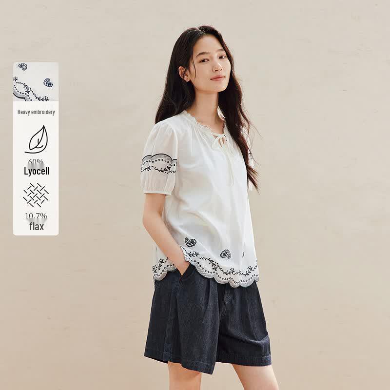 Yinman Lyocell Linen Paisley Embroidered Short-Sleeve Blouse L