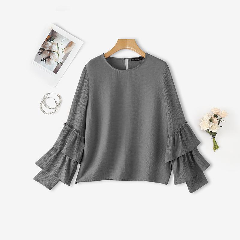 ZANZEA Women Casual Round Neck Ruffles Long Sleeve Loose Blouse
