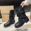 Thick-soled Belt Buckle Knight Boots Children 2025 New Versatile Mopping Boots Pleated Stacking Boots Medium and Long Tube Pants Tube Boots