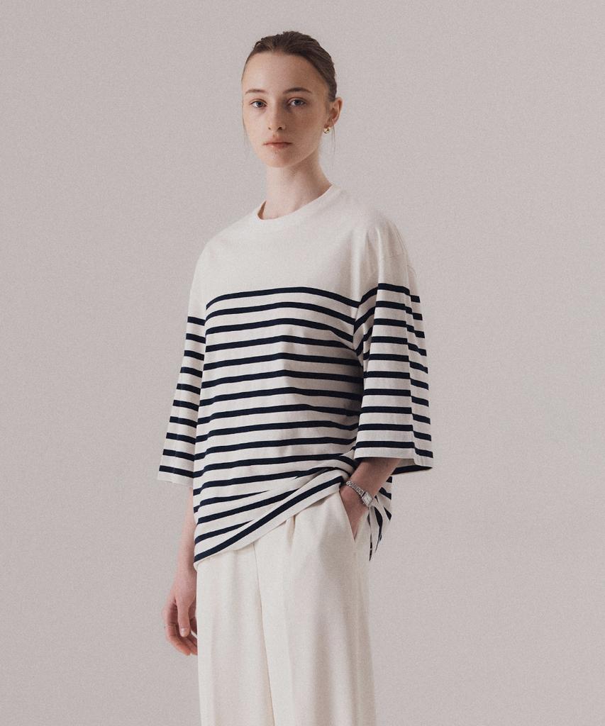 SILN Flared Three-Quarter Sleeve Stripe T-Shirts (Navy)