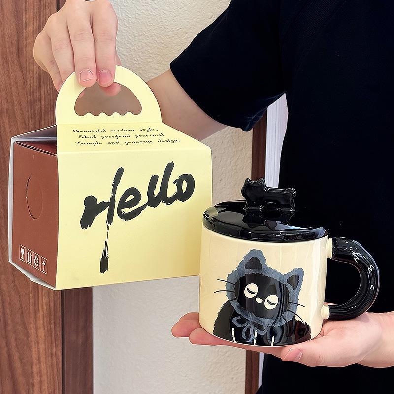 Ceramic Cat Mug with Lid - Cute Office Cup, Couple Gift, Souvenir Boxed, Birthday Present