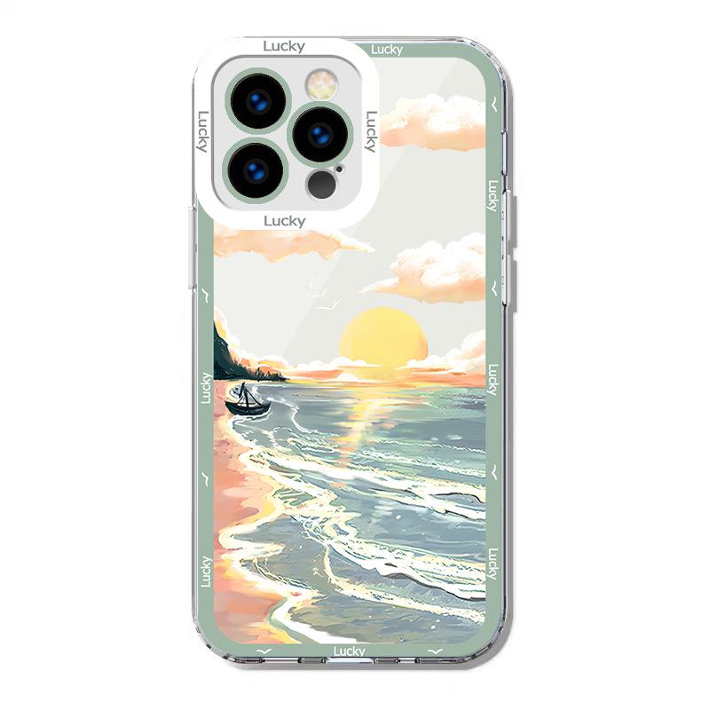 Apple 11 oil painting landscape iPhone art case for 12/13/14 transparent design featuring seaside sunrise for MAX model