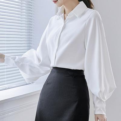 Women Shirt Lapel Lantern Long Sleeve Single Breasted Shirt Tops Solid Color Loose Fit Work Casual Daily Tops