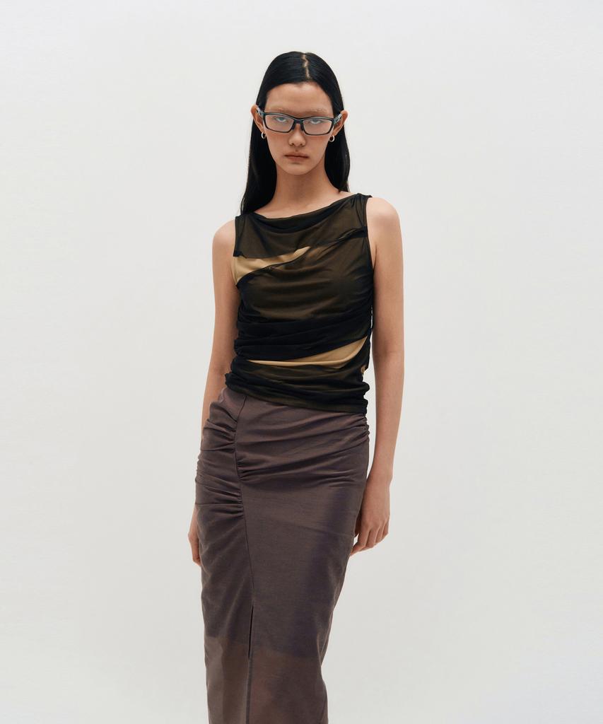 Kimjisu Sheer Shirring Slit Skirt _ Brown
