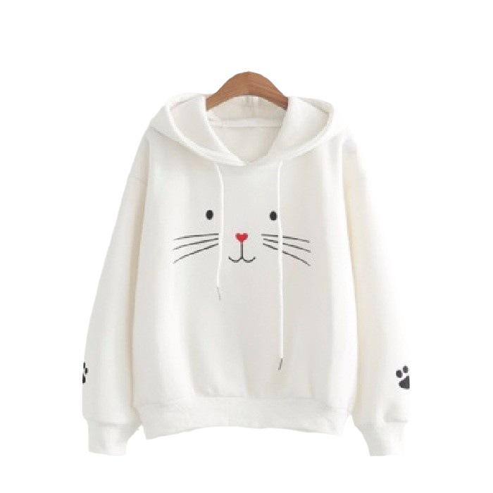 Women Warm Soft Hoodies Embroidered Cat Face Hooded Sweater Women's Fall and Winter Students Literary Cat Long-sleeved Padded Cute Sweater