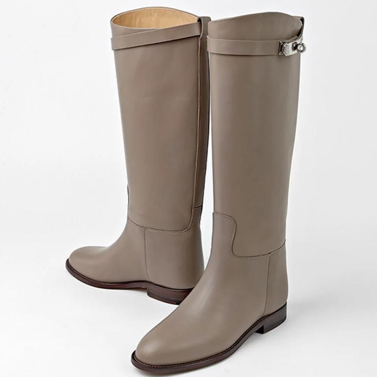 Krazing Pot Hovězí kůže podzimní zimní boty Silné nízké podpatky Jezdecké boty Kovové zapínání s kulatou špičkou Udržujte v teple Luxusní vysoké boty na stehna