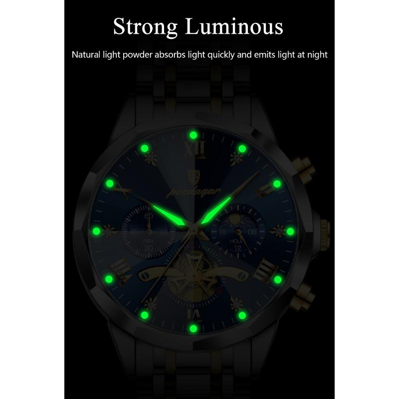 POEDAGAR Original Luxus Herrenuhr Wasserdicht Leuchtend Chronograph Armbanduhr Edelstahl Quarzuhren für Mann Reloj