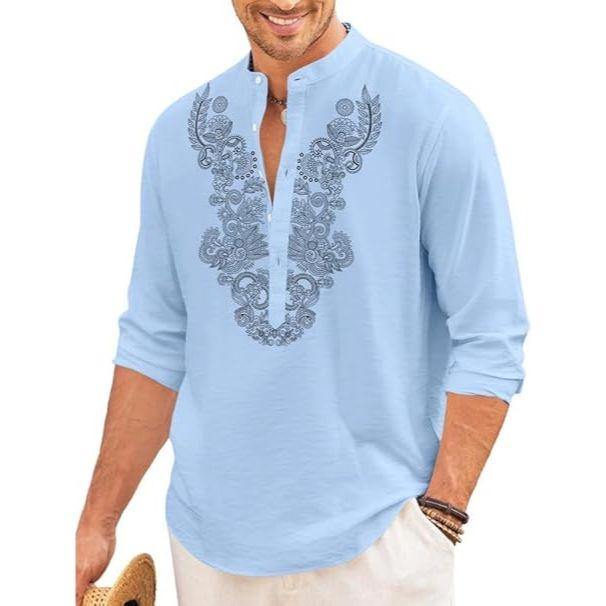 Herren Baumwollmischung Kurzer Kurta mit langen Ärmeln und ethnischem Halsausschnittdesign | Lässiger Knitterstruktur-Kurta mit Stehkragen