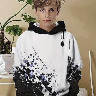 Boys' Black and White Graffiti Color 3D Printed Long Sleeved Hooded Sweatshirt, Boys' Spring and Autumn Sportswear