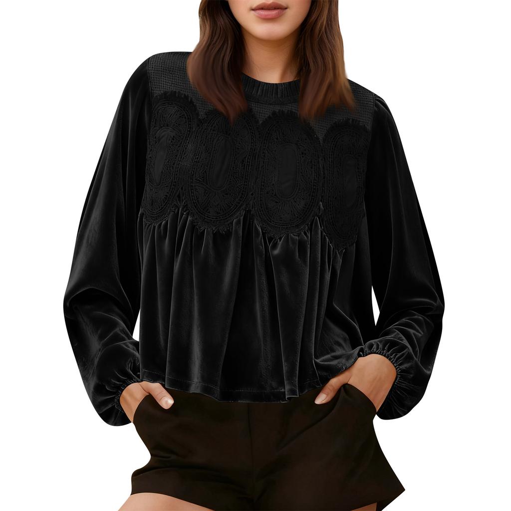 Loose-fitting, Slimming Mid-length Long-sleeved Solid Color Top With Mesh And Velvet Splicing
