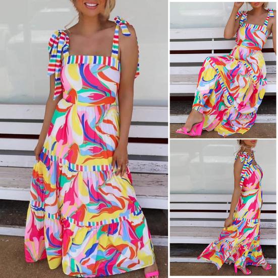 

Женское платье на шнуровке с плечевым ремнем без воротника и открытой спины яркое цветное лоскутное платье трапециевидной формы с большим качелями для отпуска пляжное платье макси L