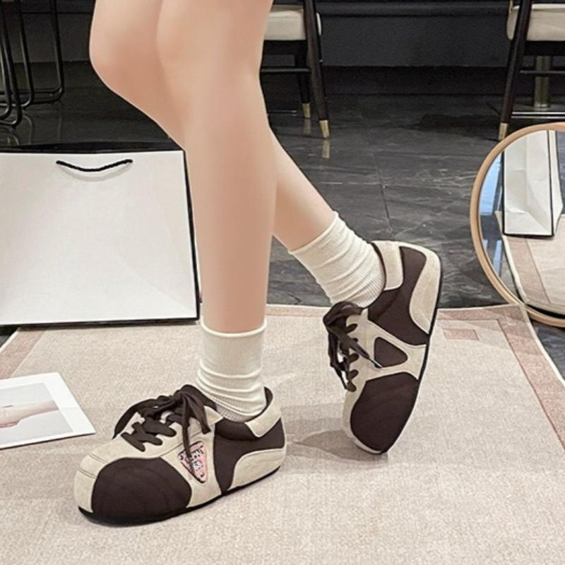 Mode Ballerinas Herbst Neu Runde Zehenpartie Colorblock Schnürung vorne Weiche Sohle Rutschfest Abriebfest Sneaker