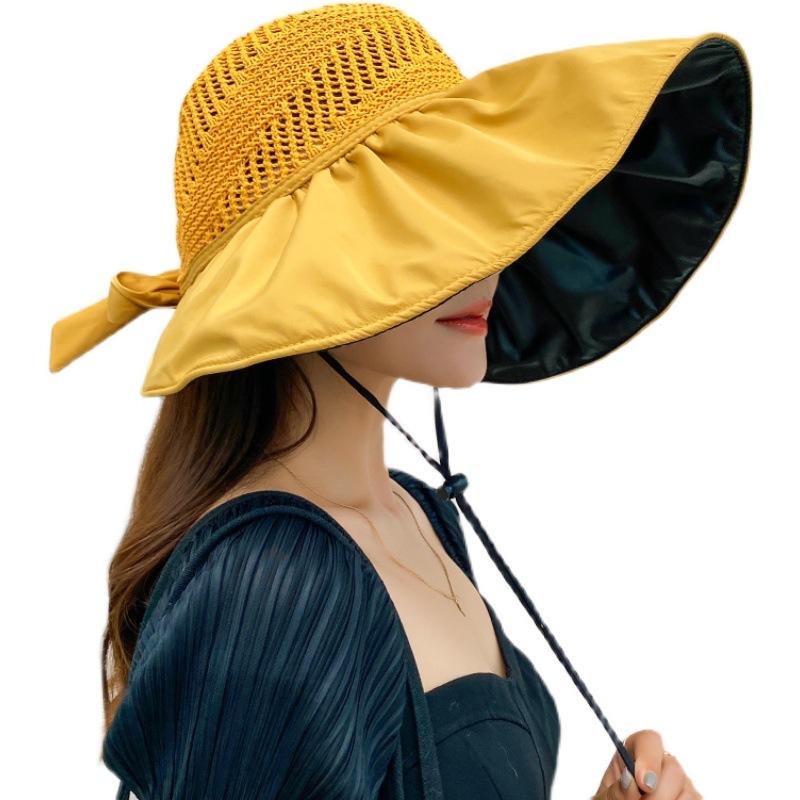 Beach Hat Sun Hat Women's Summer Hollow Straw Hat Ultraviolet Large Brim Face Cover Sun Hat Fisherman Hat