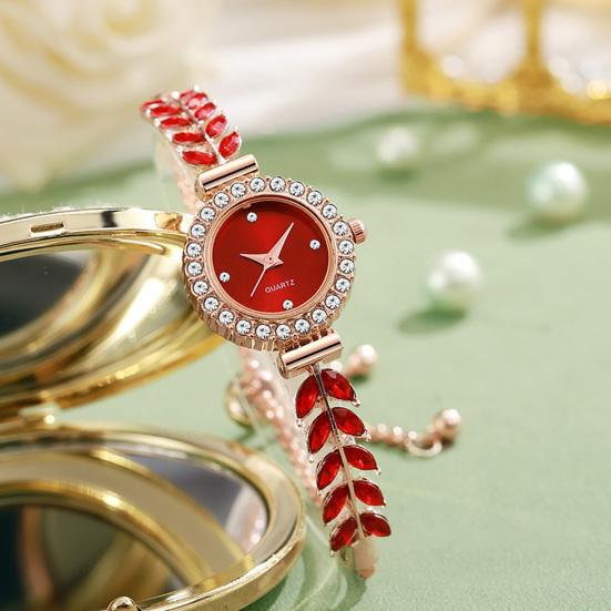 Women Rhinestone Leaf Watch Round Dial Ladies Casual Formal Dress Quartz Bracelet Wristwatch Fashion Jewelry Accessory