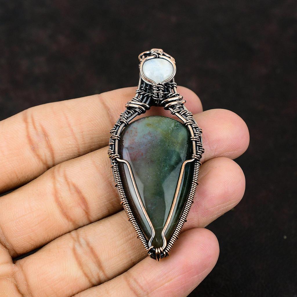 Solar Moss Agate Copper Pendant Copper Wire Wrapped Pendant Gemstone Copper Jewelry Rainbow Moonstone Pendant Handmade Jewelry Gift For Mom