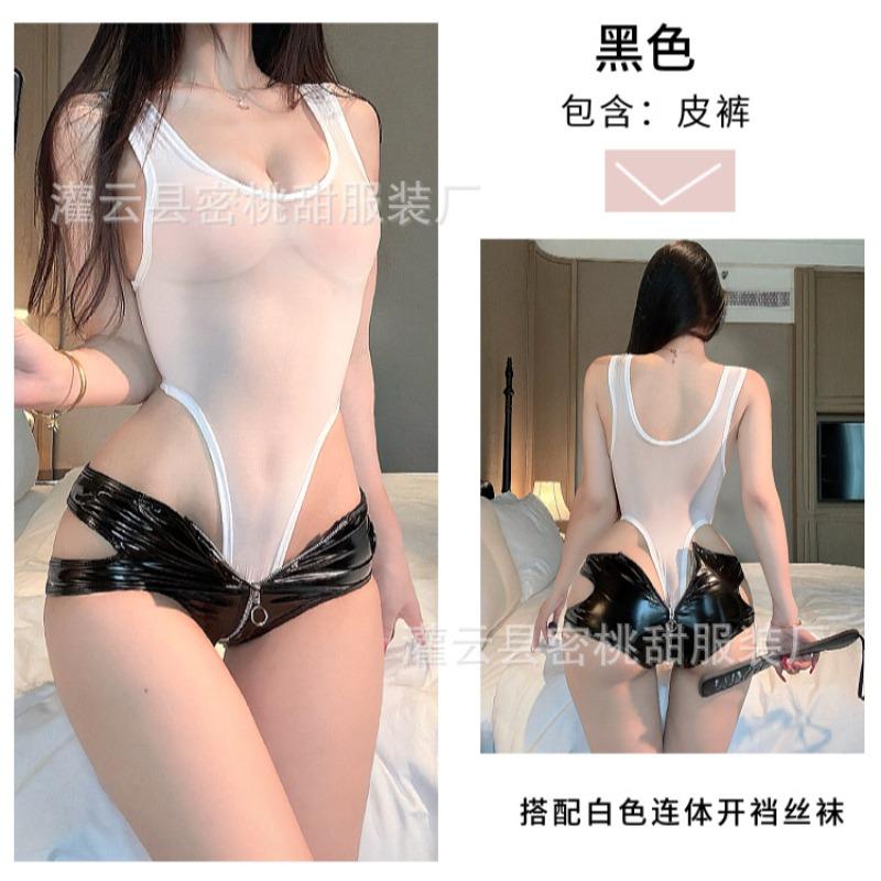 Sexy Leather Panties Hot Zipper Patent Leather Shorts Sexy Hollow Open Gear No-take Underwear Uniform