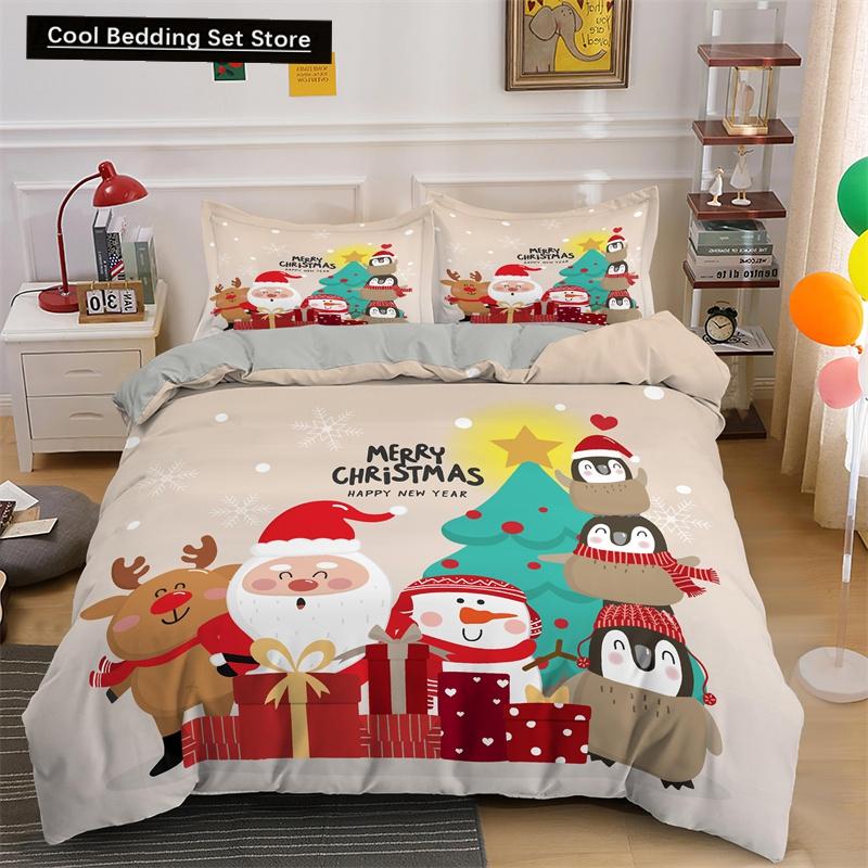 Frohe Weihnachten King Queen Bettwäsche Set Weihnachtsmann Schneemann Bettdeckenbezug Weihnachtsbaum Bettbezug Rot Polyester Steppdeckenbezug
