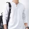 Men Fall Spring Top Buttoned V Neck Long Sleeves Pure Color Loose Pullover T-shirt Daily Wear Sport Homewear Clothes