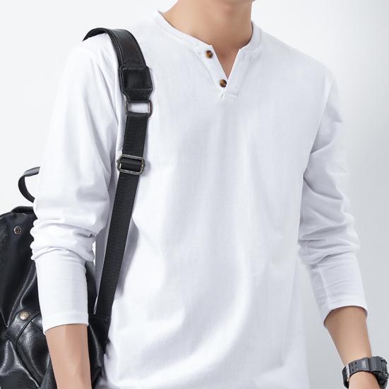 Men Fall Spring Top Buttoned V Neck Long Sleeves Pure Color Loose Pullover T-shirt Daily Wear Sport Homewear Clothes