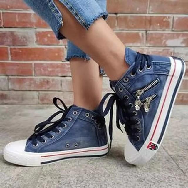 Women Fashion Sneakers Denim Canvas Casual Shoes Trainers Walking Skateboard Lace-up Shoes Femmes