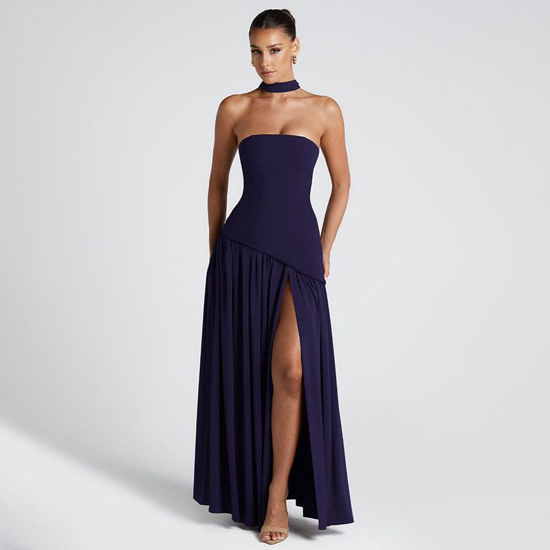 and American Cross-Border New Fashion Women's Clothing: Stylish and Elegant Strapless Slim-Fit Solid Color Slit Backless Dress with Elegant Ribbons