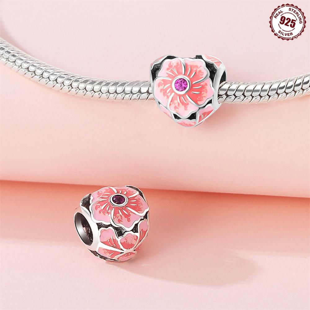 Beads Copper Charms Original Pink Heart Cherry Blossom Beads Fit Bracelet Jewelry Diy Women Fine Gift Accessory