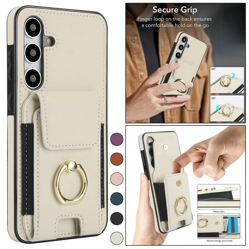 Ring Leather Wallet Card Phone Case for Samsung Galaxy S25 Edge S24 Ultra S23 Plus S22 S21 FE Note 20 10 Flip Stand Cover