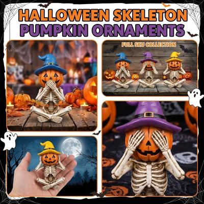 Halloween Skeleton Pumpkin Figurines Set of 3 Creative Sitting Skeleton Decorations with Witch Hats for Seasonal Home Display