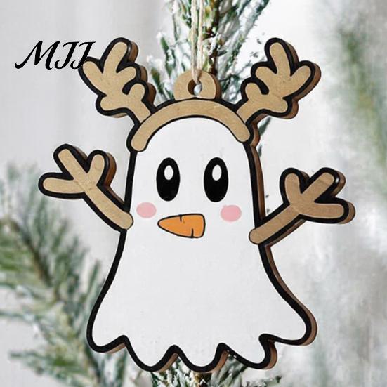 Wooden Hanging Decorations for Holiday Christmas Ghost Ornaments, Tree with Santa Hats Cute Ornaments Gothic Skull, Xmas Winter Party Supplies Window