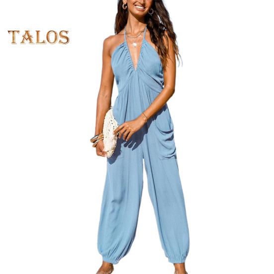 Women's Halter Maxi Jumpsuit Pleated Deep V Neck One Piece Jogger Long Pants with Pockets Casual Beach Sleeveless Rompers