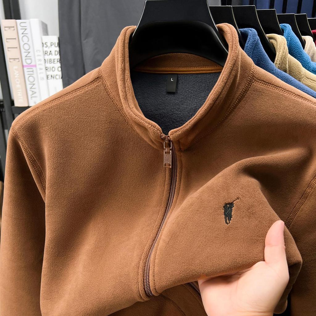 Men's Double-Sided Berber Fleece Stand Collar Jacket with Embroidery – Classic American Style