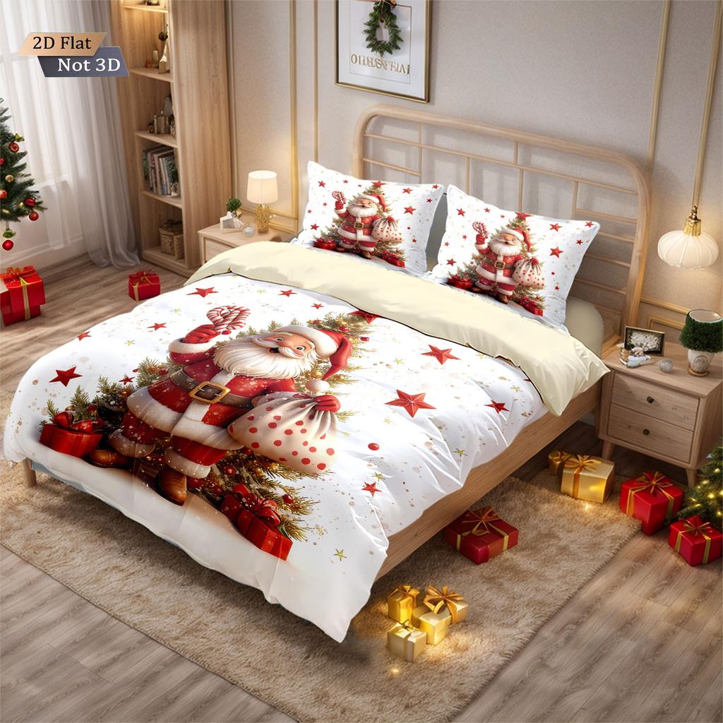3pcs Santa Claus Printed Chipless Bedding Set Soft Dormitory Bedroom Multiple Sizes Machine Washable