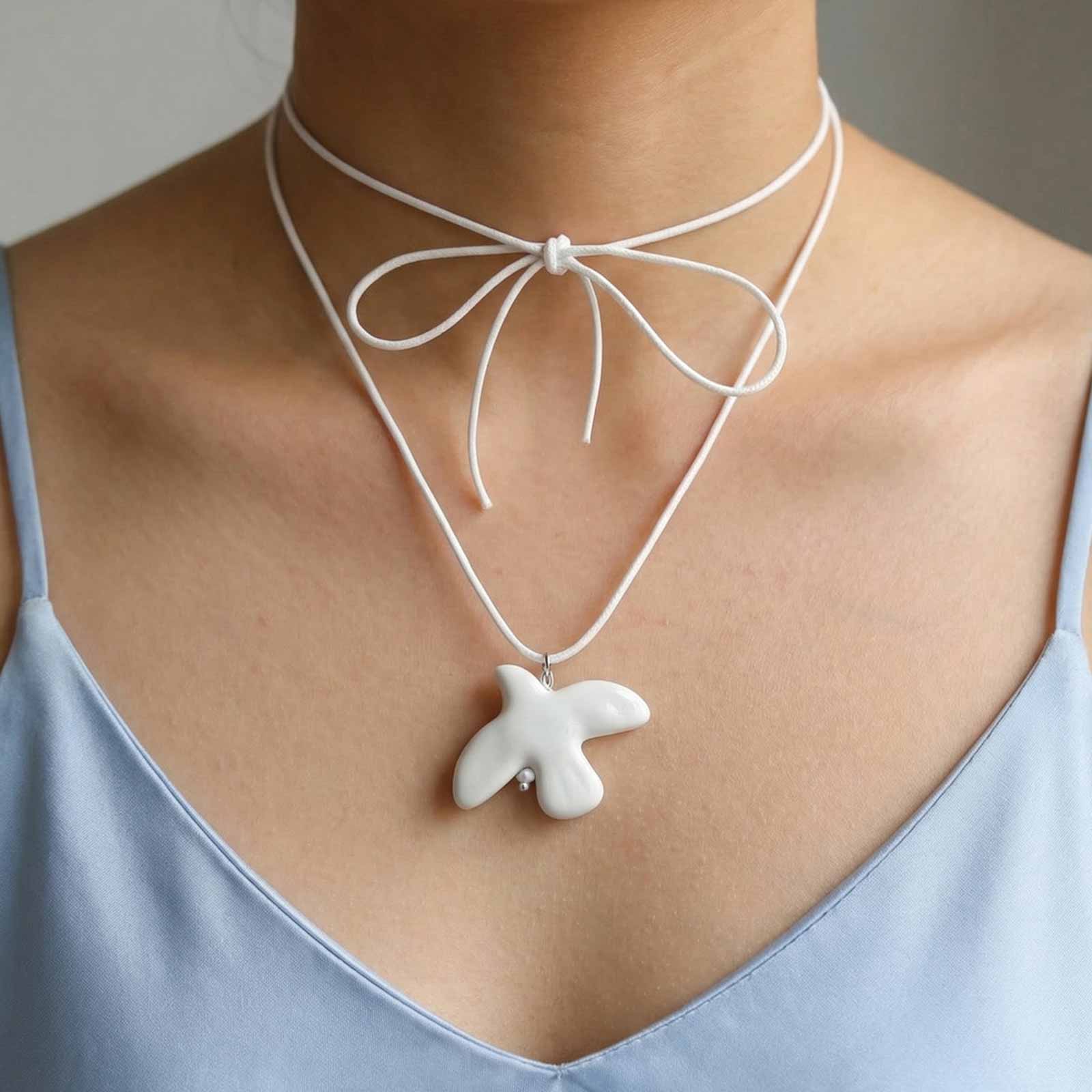

Vnox Trendy White Ceramic Peace Dove Pendant Necklace Ins Style Elegant White Black Long Rope Chain Pendant Jewelry Accessory