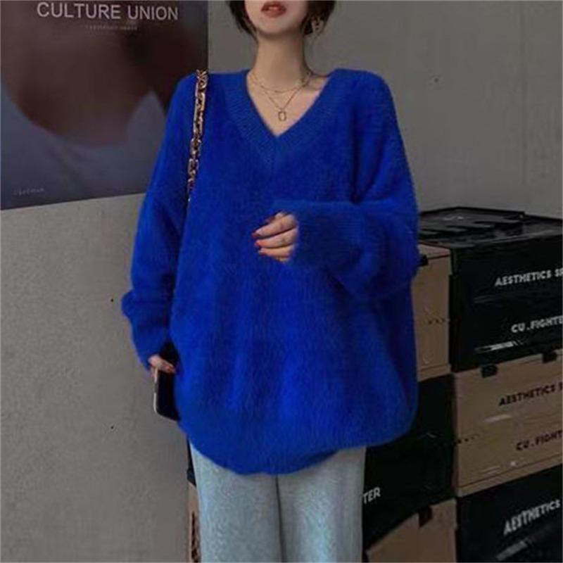 Milk wear imitation mink fleece collar soft waxy knitted sweater top women's autumn and winter new gentle wind sweater women's outer wear