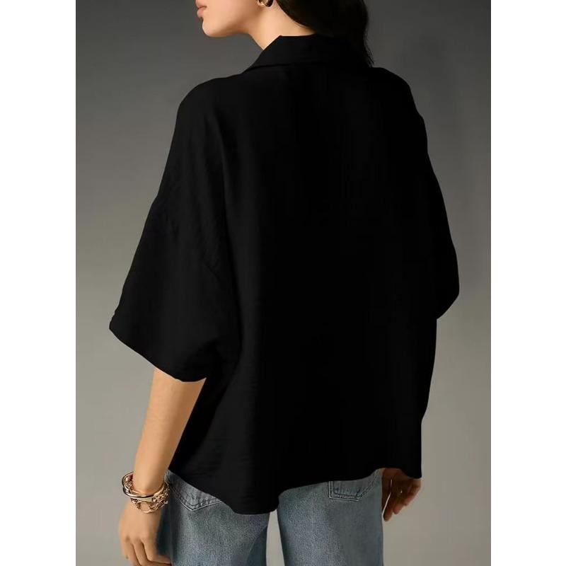 Loose Fit Short Sleeve Turn Down Collar Solid Color Casual Shirt With Pleats