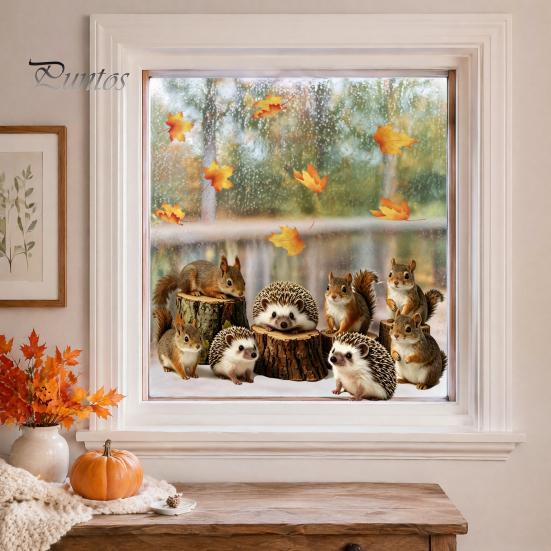 Creative Home Decor Gifts 2PCS Static Window Sticker, Squirrel And Hedgehog Printed, Autumn Forest Decals Theme Waterproof PVC Decal, for Glass Doors
