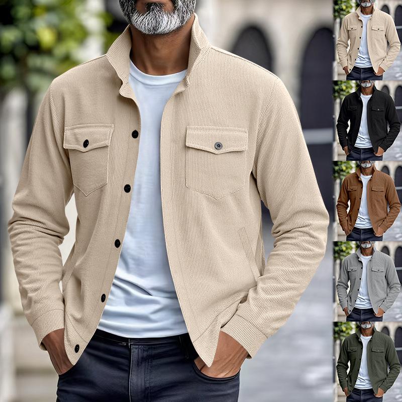 Men's Spring Autumn New Style American Workwear Solid Color Minimalist Casual Versatile Loose Collared Corduroy Jacket Coat