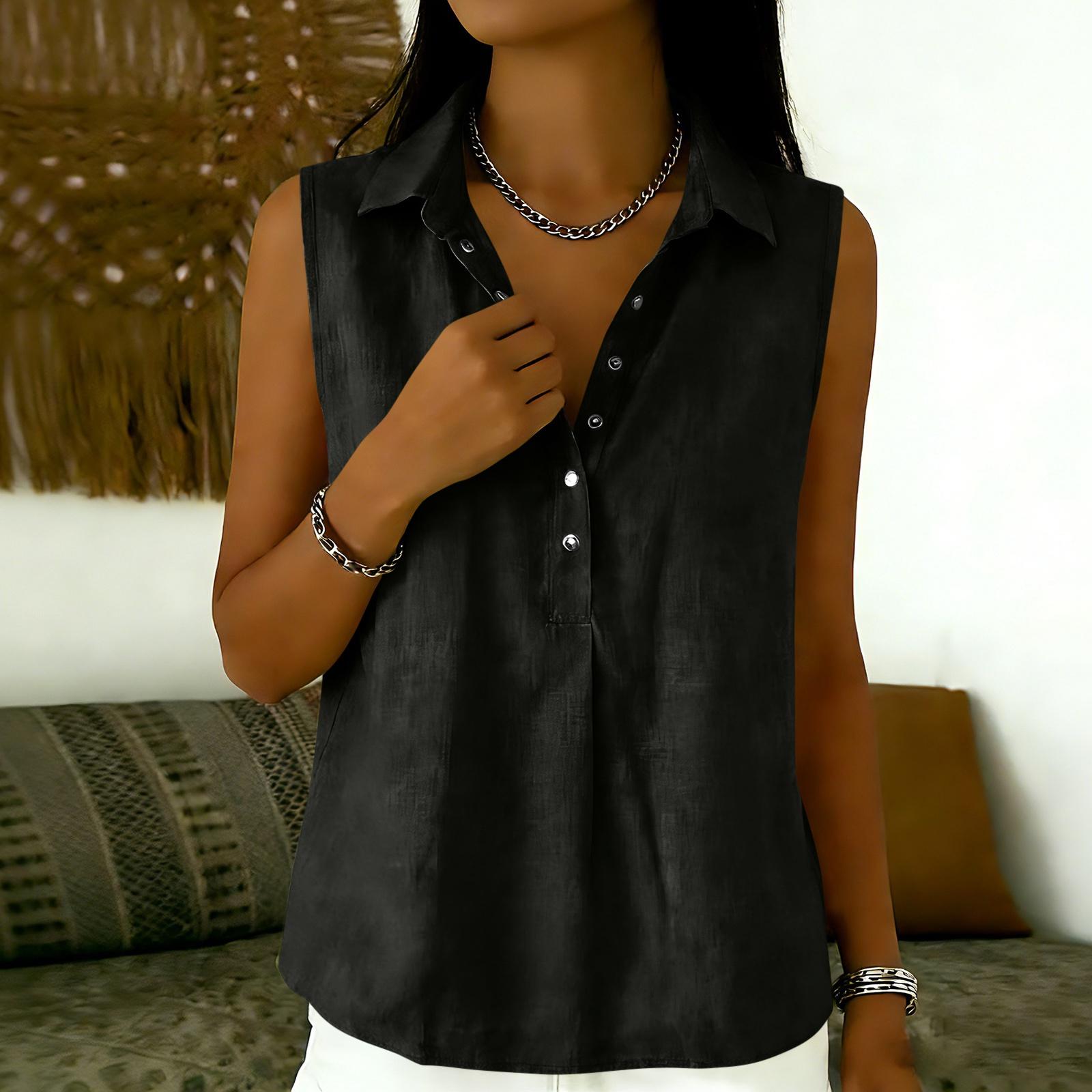Women s Summer Fashion Color Lapel Button Loose Sleeveless Vest Shirt Top L чёрный