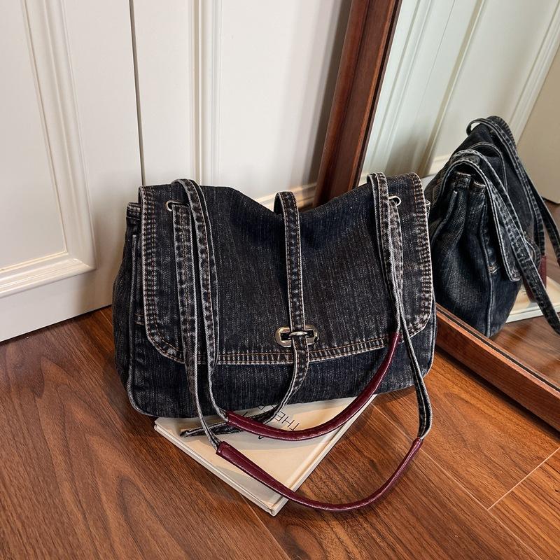 

Niche retro commuter tote bag women s summer new trendy denim casual shoulder messenger bag чорний