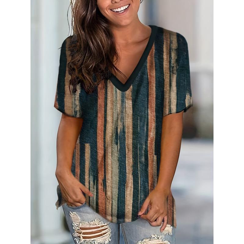Plus Size Casual Top, Women s Plus Stripe Print Short Sleeve V Neck Medium Stretch Top S