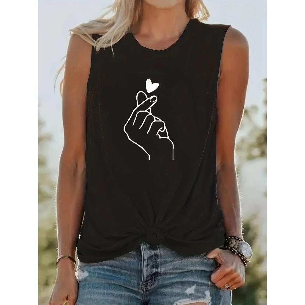 

Women s round neck sleeveless T-shirt, comfortable, breathable, casual, loose size, hand, heart, printed gesture, summer S