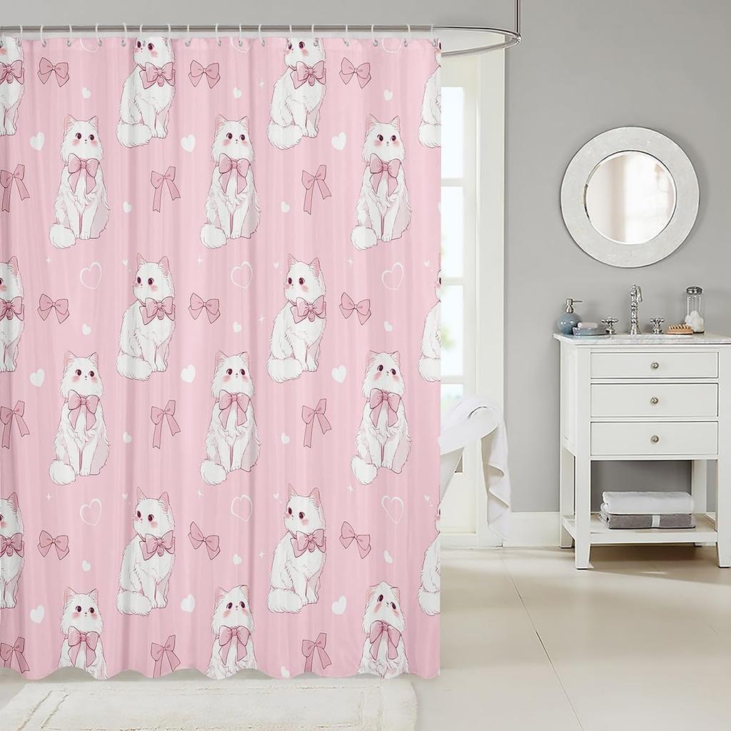 Kawaii Cat Shower Curtains,Cute Pets Animal Bathroom Curtain Girls Boys Teens Adult Room Decor,Pink Bowknot Heart Waterproof
