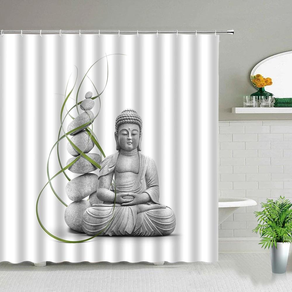 Zen Stone Buddha Flowers Scenery Shower Curtains Creativity Art Bathroom Bath Curtain With Hooks Waterproof Fabric Bathtub Decor