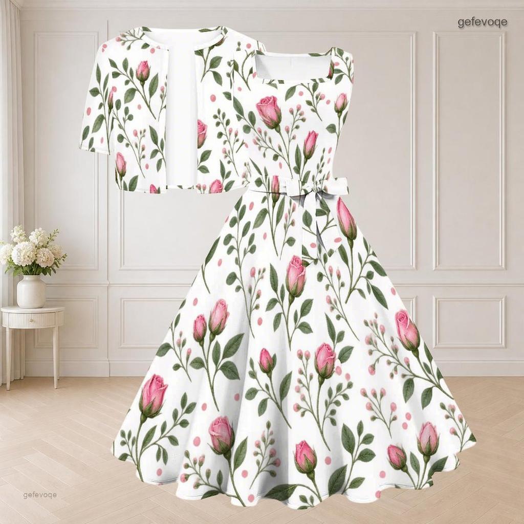 Women Plus Size White Floral Printed Two Piece Set Square Neck Sleeveless Tie Waist Flared Dress Short Sleeve Cropped Shrug
