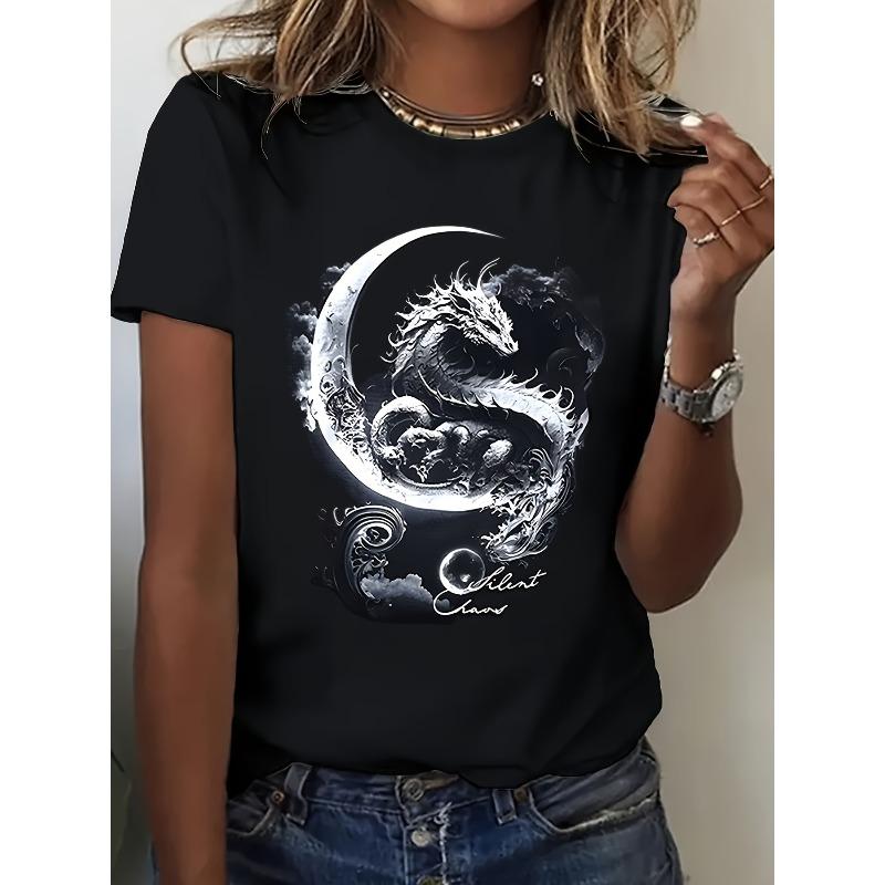 European Size Silent Claws Text Dragon Pattern Print Women's Round Neck Short Sleeve Soft Skin-Friendly T-Shirt