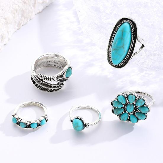 Juego de 5 Anillos Color Plata Retro Envejecido Anillos para el Dedo con Turquesa de Imitación Estilo Bohemio Versátil Apilable Joyería para el Dedo Regalo