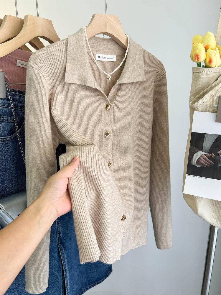 French Elegant Lapel Knitted Sweater Cardigan Women Spring Autumn Vintage Solid Polo Shirt Korea Chic Underneath A Base Layer Clothes