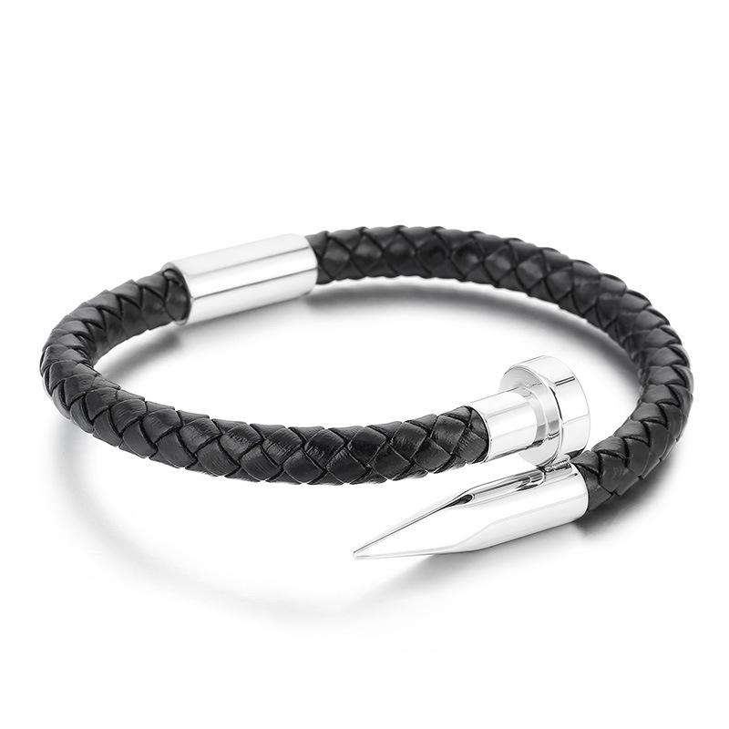 Men's Leather Magnetic Clasp Bracelet with Stainless Steel Nails